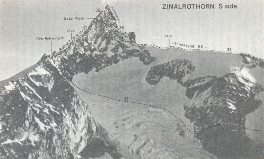 Ascent routes on the South Side of Zinalrothorn, 4221m in the Zermatt Region of the Swiss Alps