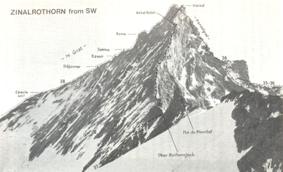 Ascent routes on the SW Side of Zinalrothorn in the Zermatt Region of the Swiss Alps
