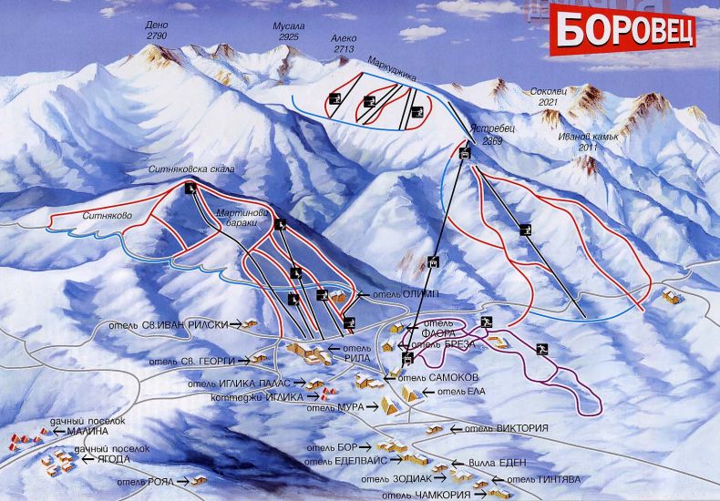 Map of the Ski Runs at Borovets centre in Bulgaria