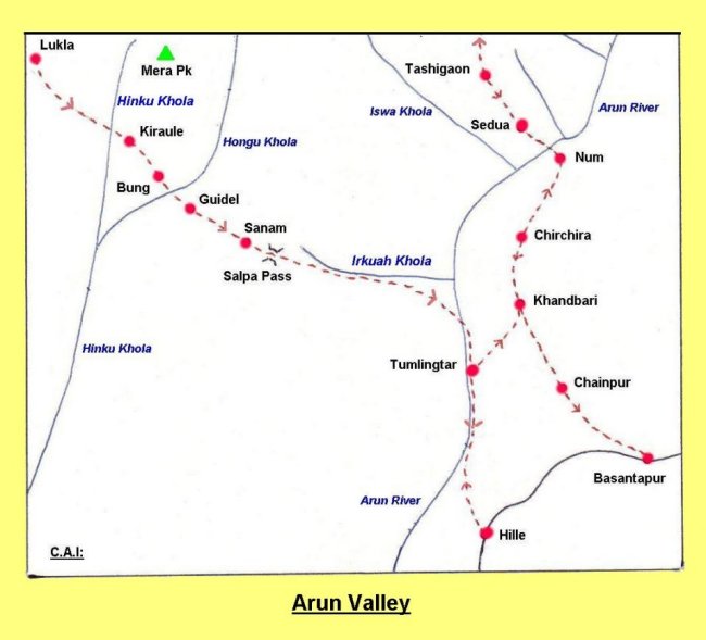 Map of route to the Arun Valley