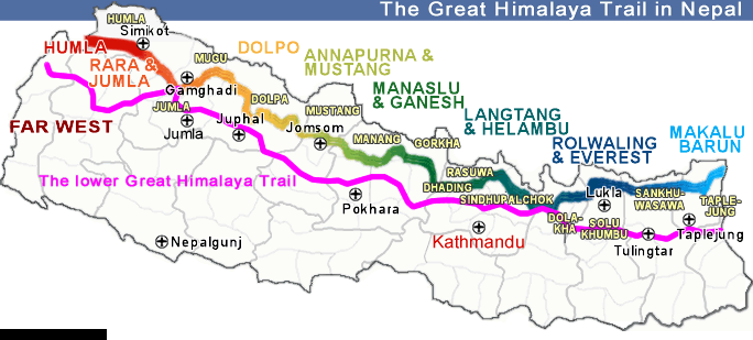 Map of the Great Himalayan Trail through Nepal