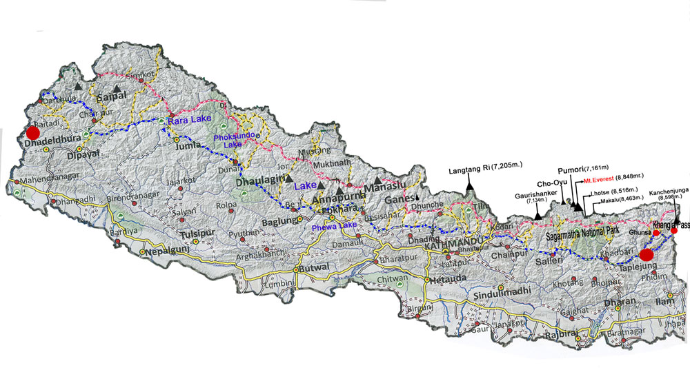 Map of the Great Himalayan Trail through Nepal