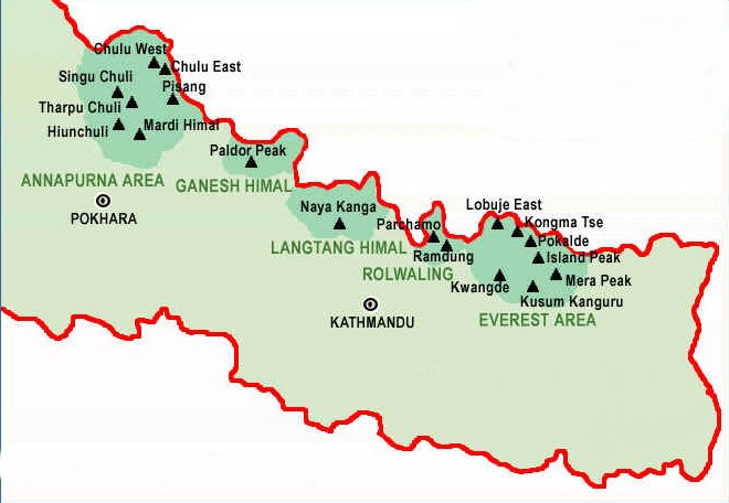 Map showing the Trekking Peaks of Nepal