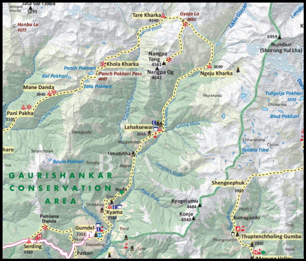 Map of Gyajo La and Mount Numbur