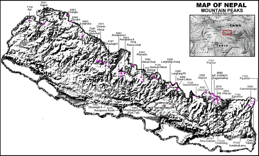 Map showing the Mountains of Nepal