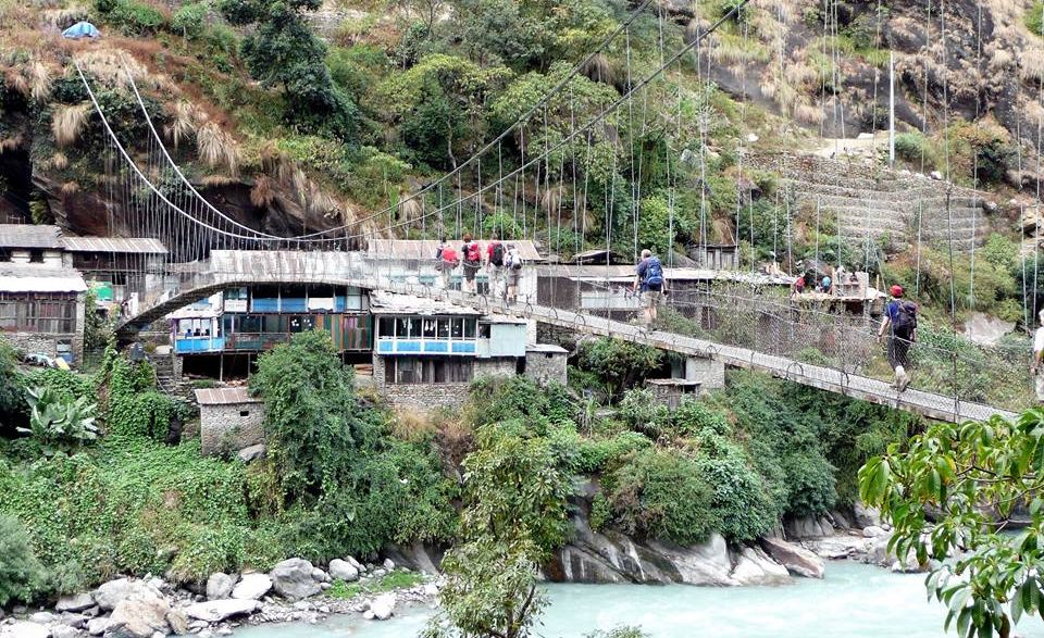 Suspension Bridge in Marsayangdi Khola Valley on Annapurna Circuit