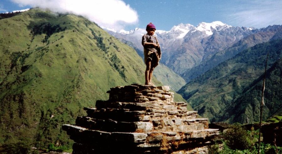 Ganesh Himal from Shertung Village - Nepalese Boy on Chorten ( Buddhist Shrine )