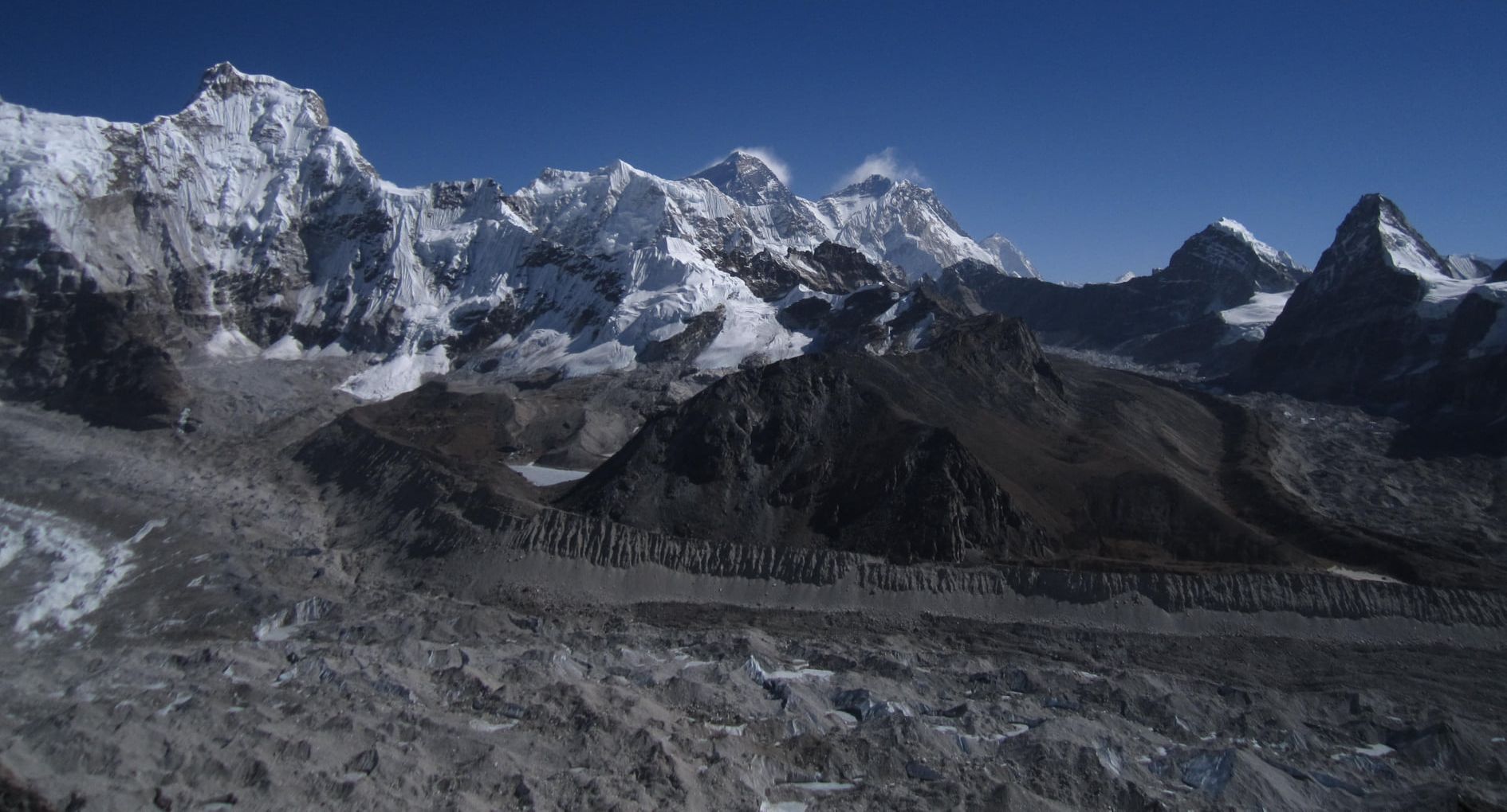 Cha Kung and Everest from Ngozumpa Glacier in Gokyo Valley