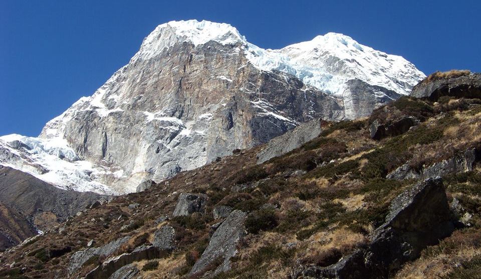 Mera Peak on descent from Zatrwa La into the Hinku Valley in the Nepal Himalaya