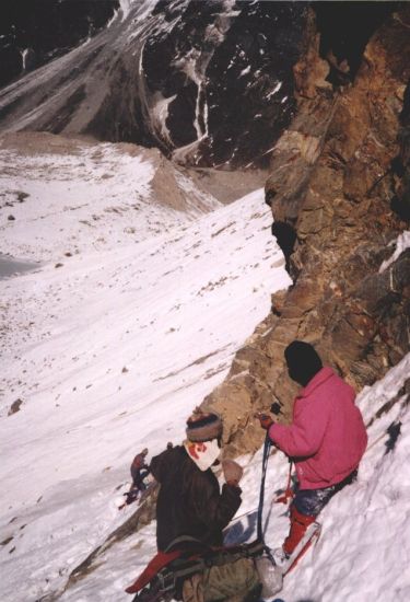 Descending cliffs to Glacier Lake below Tilman's Pass in the Jugal Himal