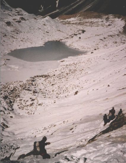 Descending Cliffs to Glacier Lake beneath Tilman's Pass