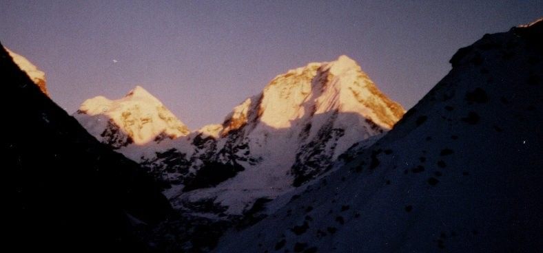 Sunset on Dorje Lakpa in the Jugal Himal on descent from Tilman's Pass