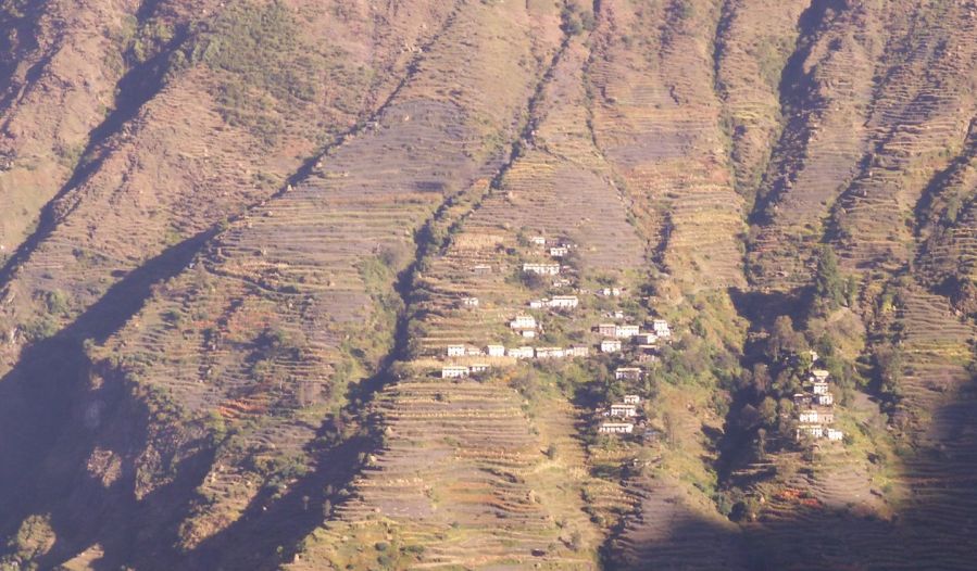 Hillside village and terraces in Gunsa Khola Valley