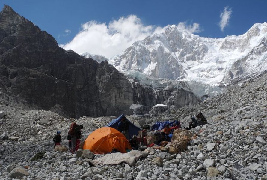Camp on Yalung Glacier on ascent route on the south side of Mount Kangchenjunga