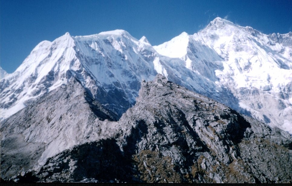 Cho Oyu from Ngozumba Ri above Khumbu Panch Pokhari at the head of the Gokyo Valley