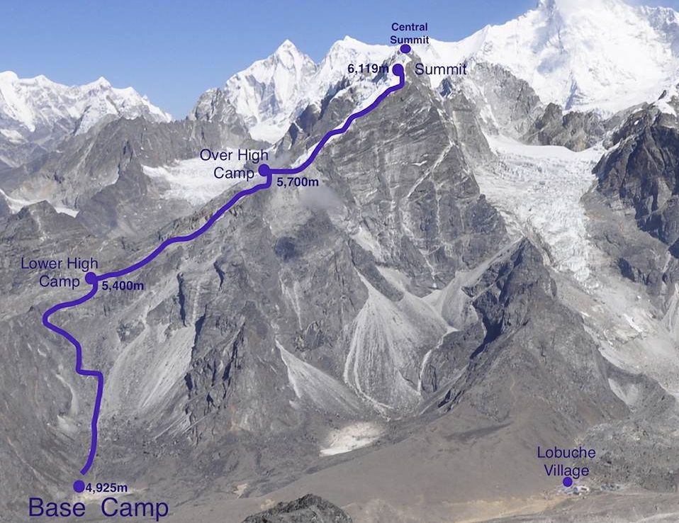 Ascent route on Lobuje East Peak in the Khumbu Region of the Nepal Himalaya