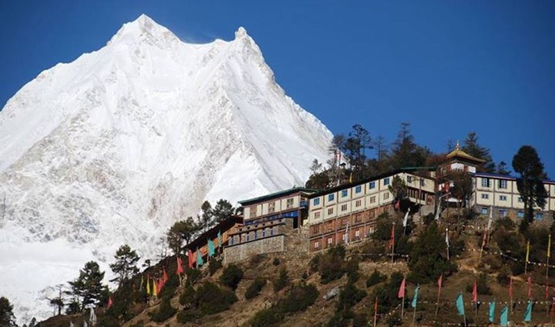 Mount Manaslu from Lho village in Buri Gandaki Valley