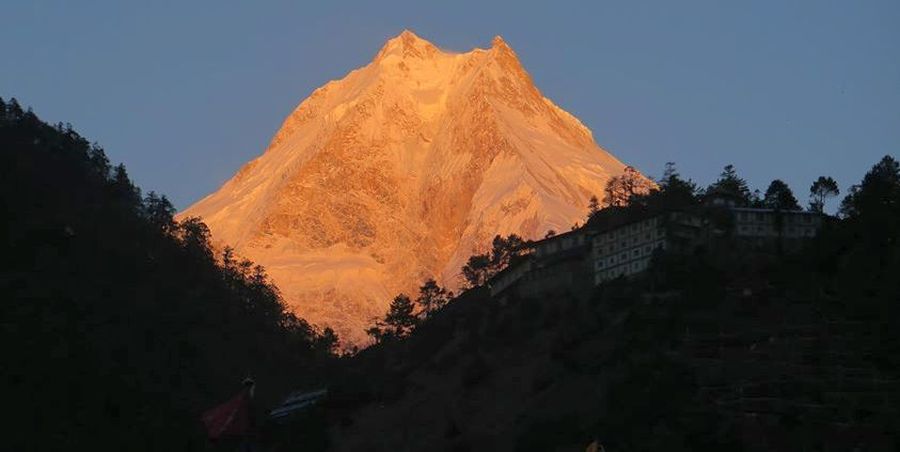 Sunrise on Mount Manaslu from Buri Gandaki Valley