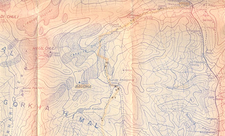 Map of the Rupina La, Baudha Peak and Chhuling Glacier Region