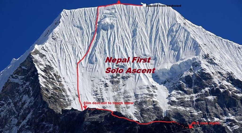 Ascent route on Mount Chobutse in the Rolwaling Valley of the Nepal Himalaya