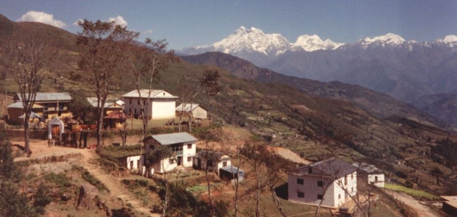 Charicot ( charikot ) and Mount Gauri Shankar and Menlungtse in the Rolwaling Himal