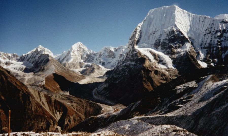 View from Ramdung Base Camp across Rolwaling Valley to Mt.Chobutse