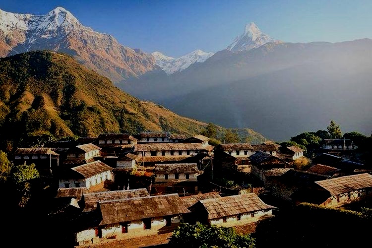 Hiunchuli and Mount Macchapucchre ( the Fishtail Mountain ) from Gandrung ( Ghandruk ) Village