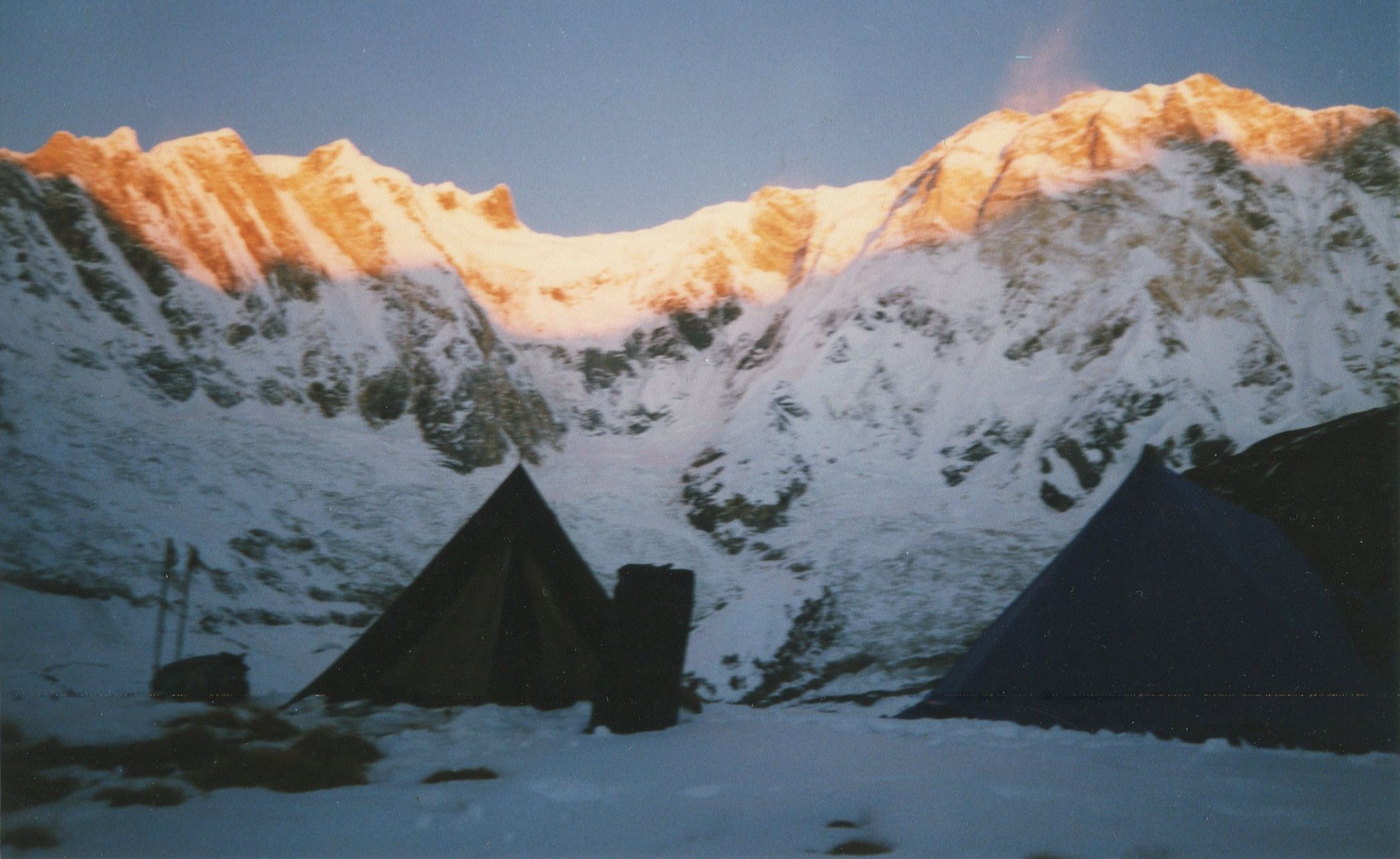 Sunrise on Fang and Annapurna I from Rakshi Peak high camp