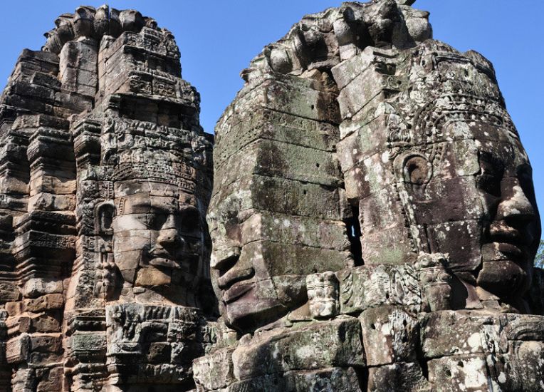 Sculptured Stone Heads in Bayon Temple in Angkor Thom in northern Cambodia