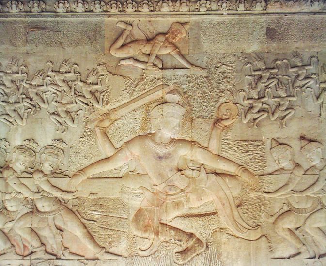 Hindu god Vishnu - bas-relief on temple in Angkor Wat in northern Cambodia