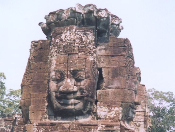 Sculptured Head in Bayon Temple in Angkor Thom in northern Cambodia