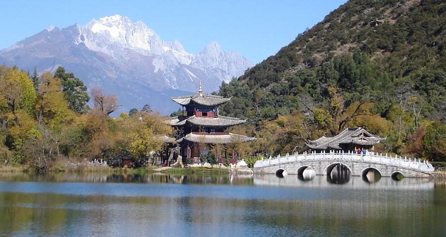 Jade Dragon Snow Mountain from Black Dragon Pool Park in Lijiang in Yunnan Province of China
