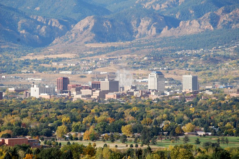 The city of Colorado Springs at the southern end of the Colorado Rocky Mountains