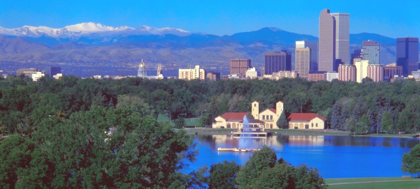City Park in Denver beneath the Rocky Mountains in Colorado, USA