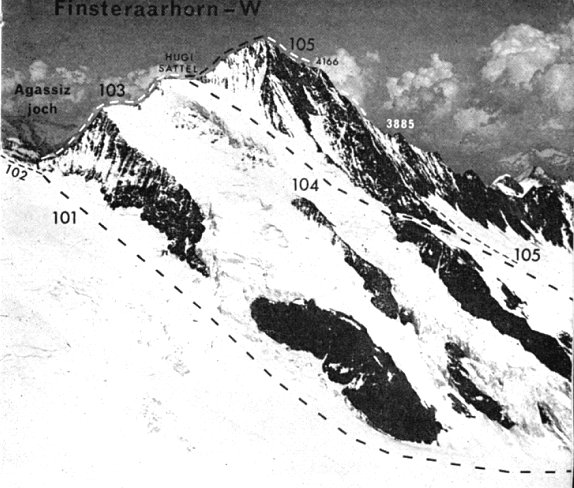Finsteraarhorn ascent route from the Finsteraarhorn Hut
