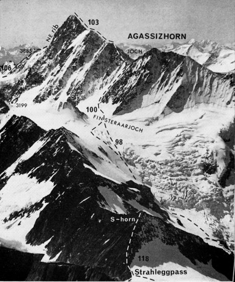 Finsteraarhorn ascent route from the Finsteraarjoch