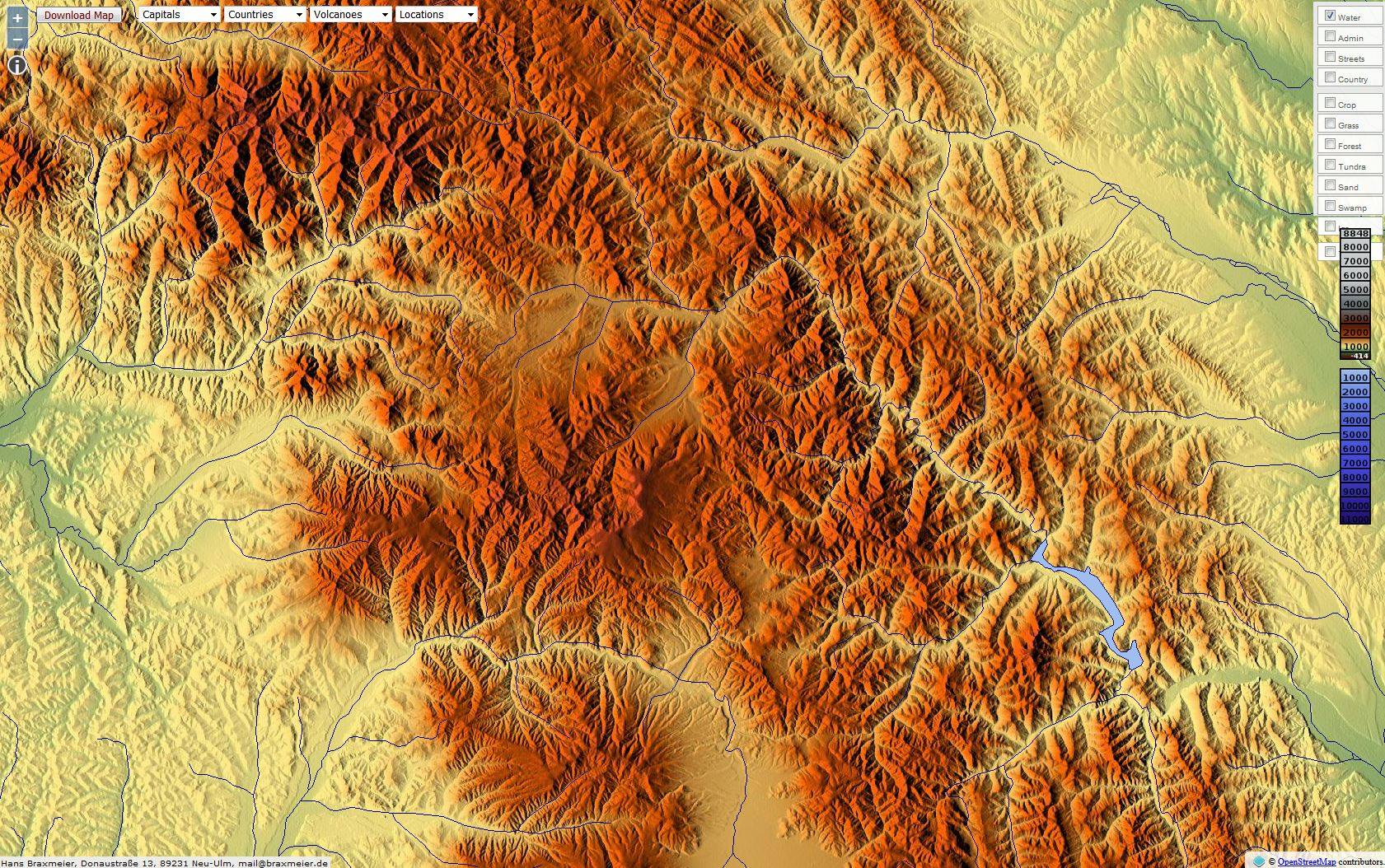 Physical Map of Carpathian Mountains of Romania