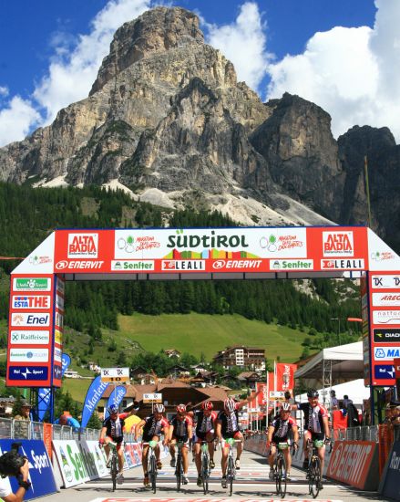 Maratona dles Dolomites finish in Corvara under the Sassongher Mountain in the Italian Dolomites