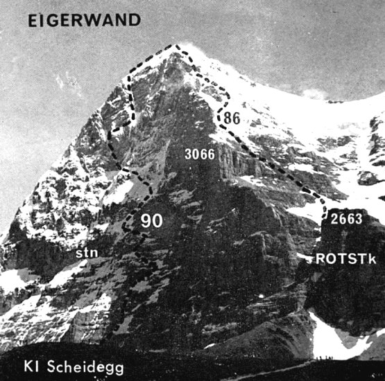 Eiger ascent routes - North Face and West Flank ( normal route ) above Grindelwald