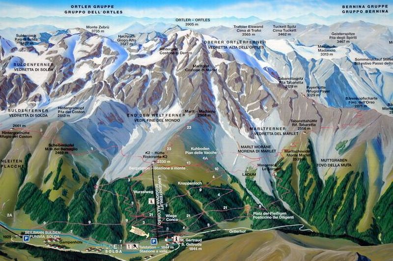 The Ortler / Cima Ortles - relief map and ascent route