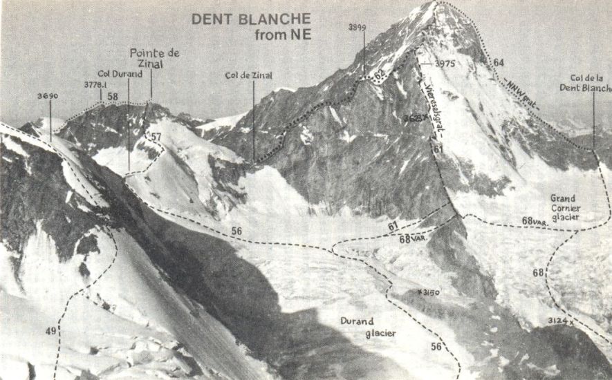 Ascent Routes on North East Side of Dent Blanche in the Zermatt Region of the Swiss Alps
