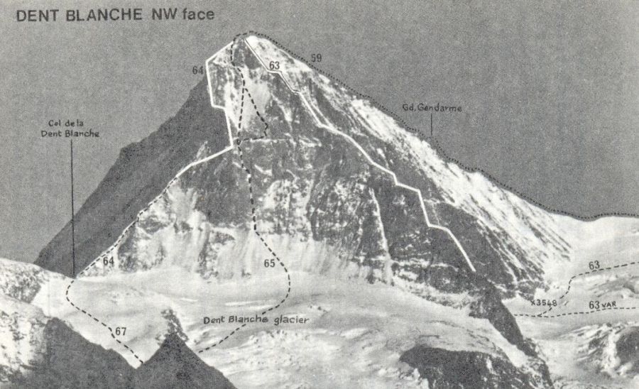 Ascent Routes on North West Side of Dent Blanche in the Zermatt Region of the Swiss Alps