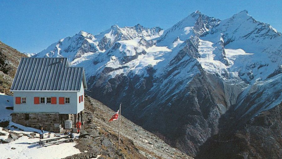 Dom and Taschhorn from Weisshorn Hut in the Zermatt ( Valais ) Region of the Swiss Alps