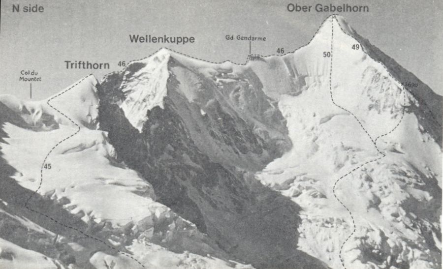 North Side Ascent Routes on the Ober Gabelhorn, ( 4063 metres )