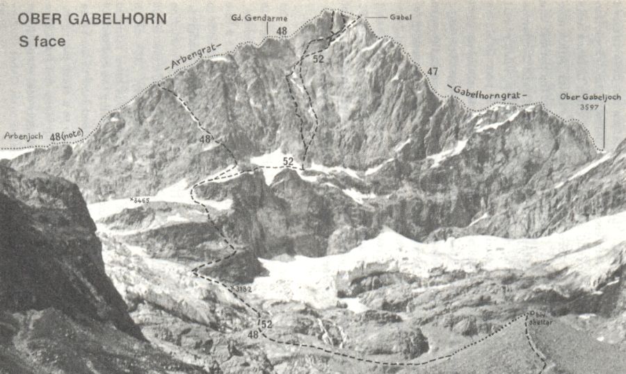 South Face Ascent Routes on the Ober Gabelhorn, ( 4063 metres )