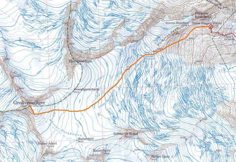 Gross Venediger - map of normal ascent route from Neue Prager Hut