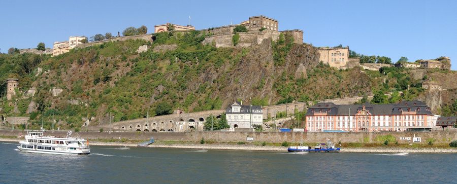 Ehrenbreitstein Fortress from Deutches Eck at the confluence of the Moselle and Rhine in Koblenz in the Eifel Region of Germany