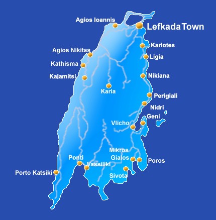 Map of the Ionian Island of Lefkas ( Lefkada ) in Greece
