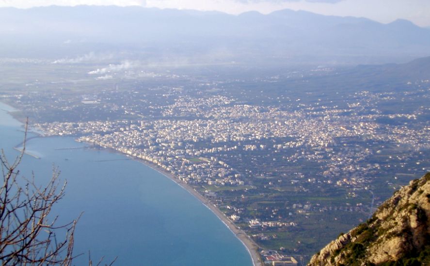 Aerial view of Messiniakos Kolpos ( Messenian Gulf ) and city of Kalamata in the Peloponnese of Greece