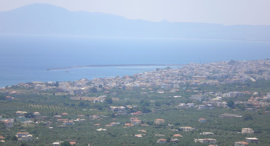 Messiniakos Kolpos ( Messenian Gulf ) and city of Kalamata in the Peloponnese of Greece